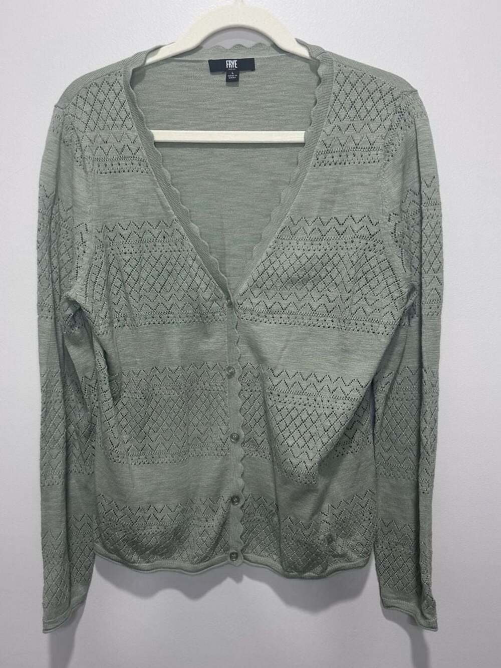 Frye Pointelle Scalloped Trim Button-Down Pastel Sage Cardigan, Sz L